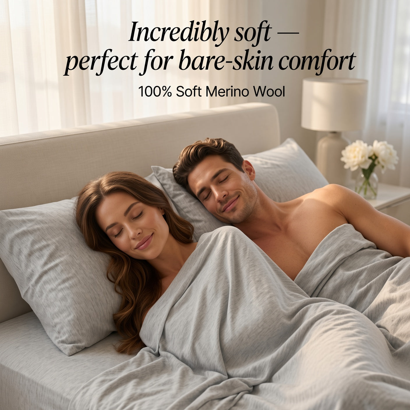100% Merino Wool Sheet Set – Soft, Breathable, Temperature-Regulating Bedding | Fitted + Top Sheet + 2 Pillowcases | 16" Deep Pockets | Queen (Light Gray)