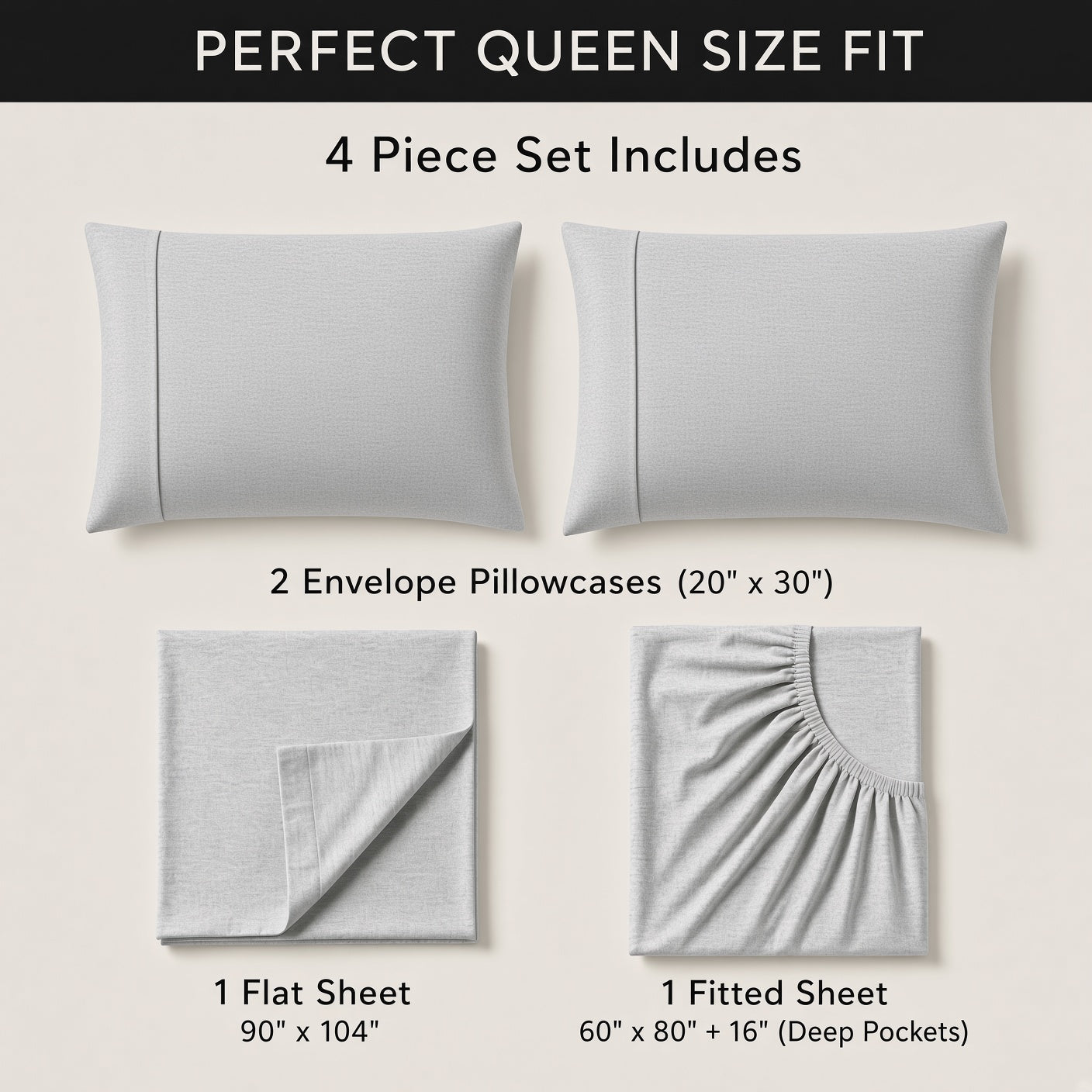 100% Merino Wool Sheet Set – Soft, Breathable, Temperature-Regulating Bedding | Fitted + Top Sheet + 2 Pillowcases | 16" Deep Pockets | Queen (Light Gray)