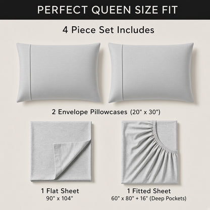 100% Merino Wool Sheet Set – Soft, Breathable, Temperature-Regulating Bedding | Fitted + Top Sheet + 2 Pillowcases | 16" Deep Pockets | Queen (Light Gray)