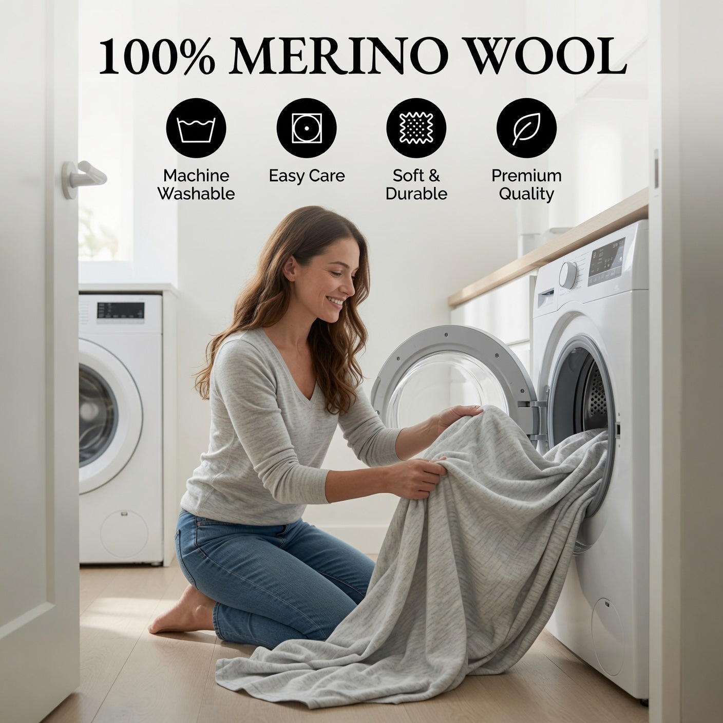 100% Merino Wool Sheet Set – Soft, Breathable, Temperature-Regulating Bedding | Fitted + Top Sheet + 2 Pillowcases | 16" Deep Pockets | Queen (Light Gray)