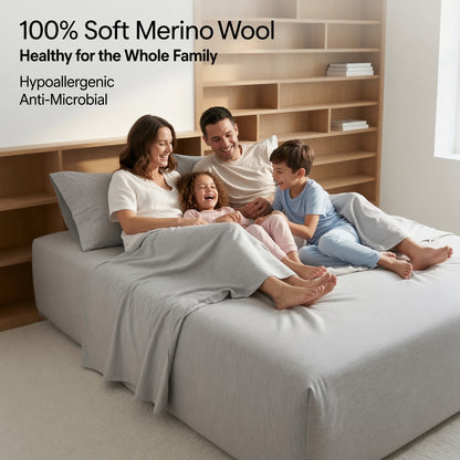 100% Merino Wool Sheet Set – Soft, Breathable, Temperature-Regulating Bedding | Fitted + Top Sheet + 2 Pillowcases | 16" Deep Pockets | Queen (Light Gray)